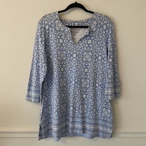 Coolibar St Lucia Tunic Top Blue Floral Sz L UPF 50+ Bamboo Stretch Resort Beach